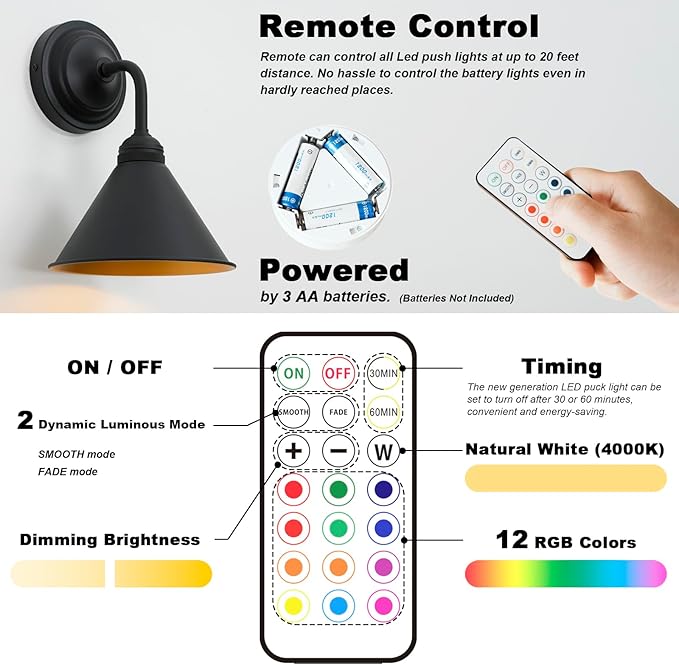 HEQIQEH Modern Battery Operated Wall Sconces Set of 2 with Metal Lamp Shade, 13 RGB Color Changing Dimmable Battery Wall Mounted Lamps with Remote Control for Bedroom, Galleries, Hallway, Hotels