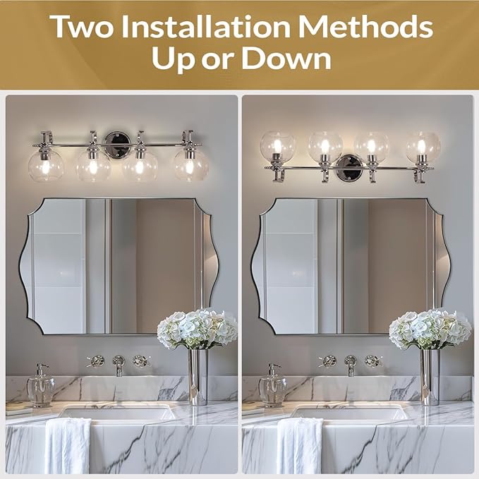 ANDY STAR 4-Light Bathroom Vanity Light, Chrome Wall Sconce, Anti-Rust Metal Bathroom Light with Hight-Quality Clear Glass, Bath Wall Lamp for Mirror, Kitchen, Living Room, Bedroom, Hallway, 30.5"