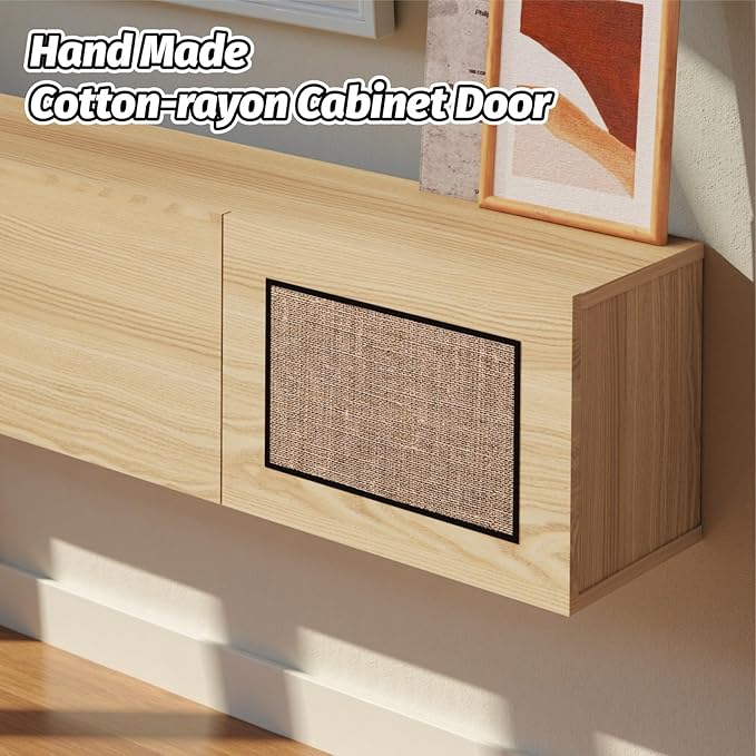 Pmnianhua Boho Floating TV Stand 94", Modern Wall Mounted Media Console with Cotton-Rayon Doors for Under TV Shelf,Entertainment Center,Living Room,Bedroom(Natural)