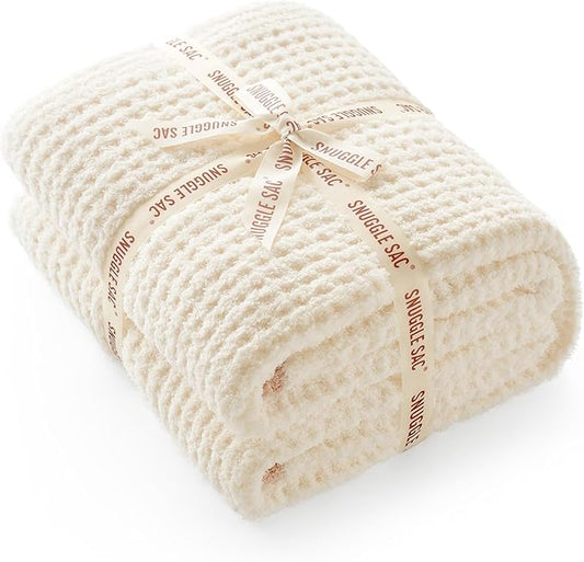 Snuggle Sac Ultra Soft Waffle Throw Blanket for Couch Bed Sofa 50x60 inches, Reversible Cream Blanket Microfiber Fluffy Fuzzy Cozy Knit Throws for Women Mothers Birthday Gifts