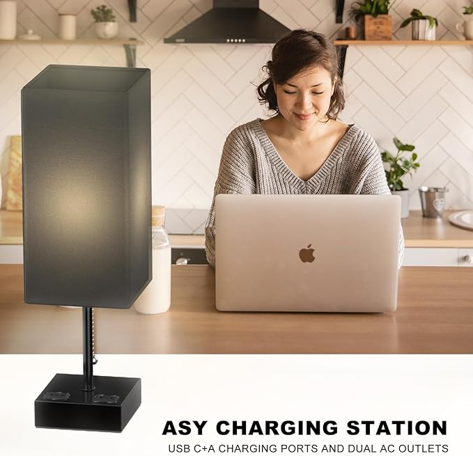 Table Lamp for Bedroom with USB,Bedside Lamp with USB C+A Charging Ports,Adjustable 3color LED Light for Home Decor/Nightstand/Office,Included Bulb and Fabric Lamp Shade (Linen Black, 1PCS)