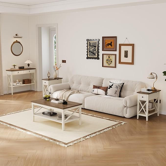 ChooChoo Farmhouse Console Table with Drawers, Narrow Wood Accent Sofa Table Entryway Table with Storage Shelf for Entryway, Front Hall, Hallway, Living Room, Antique White & Brown