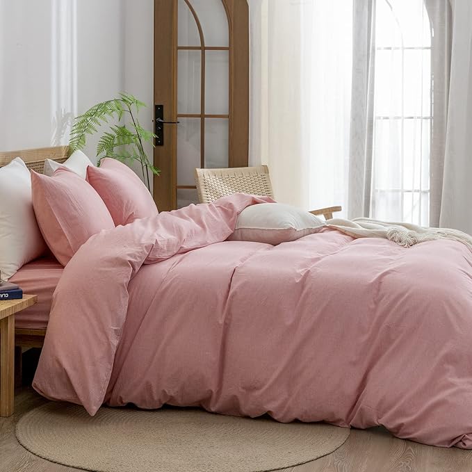 BESTOUCH Duvet Cover Set 100% Washed Cotton Linen Feel Super Soft Comfortable Chic Lightweight 3 PCs Home Bedding Set Solid Red Pink King