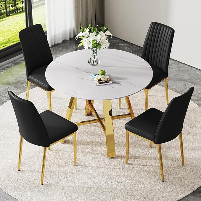 Round Dining Table Set for 4, Modern Kitchen Dining Table Chairs Set for 4, 42" Faux Marble Dining Room Table Set & 4 PU Leather Chairs for Kitchen Living Office Cafe Small Space