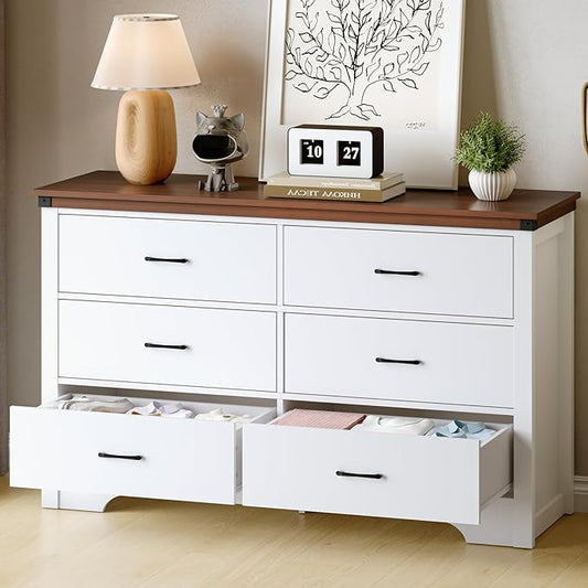 Farmhouse 6 drawer dresser for bedroom, 51" Wide chest of drawers, Wood white dresser with Metal Handle and Anti-Tipping Device, Storage Dressers Organizer for Bedroom, Living Room, Hallway, White
