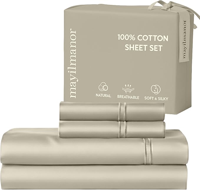 100% Natural Cotton Bed Sheets | 500 TC Single-Ply Sateen Weave Full Size Sheets | Breathable & Hypoallergenic Solid 4-Piece Bedding with Deep Pocket Fitted, Flat, Pillowcase | Cream Beige