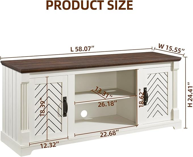 Farmhouse TV Stand for 65+ Inch TV, 25" Tall Entertainment Center with Barn Door, Rustic TV Stands for Bedroom with Adjustable Shelf, Wooden TV Consoles for Living Room, Antique White
