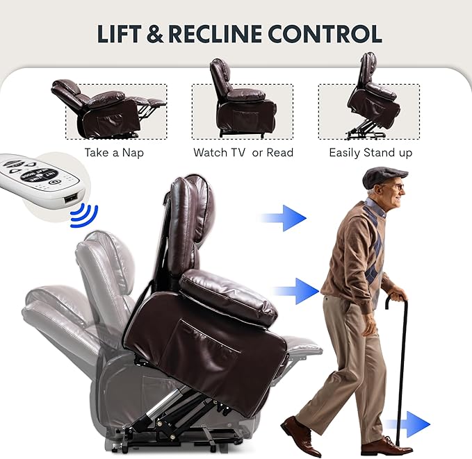 FLEXISPOT XL23 Power Lift Recliner Chair with Massage & Heat for Elderly - Large Electric Lift Chair with USB Port, Cup Holders, Side Pockets - Living Room Bedroom Single Sofa(Large Size,Brown)