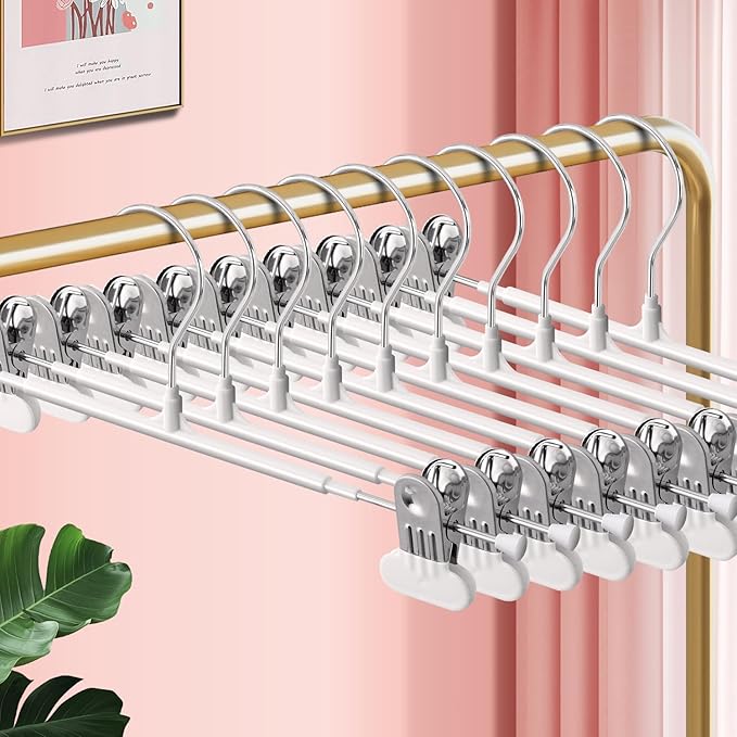 Clothes Pants Hangers with Wide Clips 50 Pack,Non-Slip Adjustable Skirt Hanger for Women,Space-Saving Heavy Duty Men Hangers for Pants,Trousers,Jeans,Shorts 12Inch White