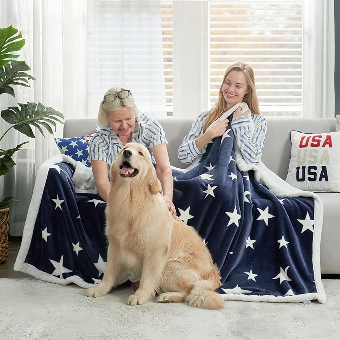 Cozy Bliss Thick Warm Sherpa Fleece Star Blanket, Double Sided Patriotic Throw Blanket Fluffy Soft Fuzzy Thick Blanket for Couch, Bed and Gifts(Navy Blue, 60" x 80")