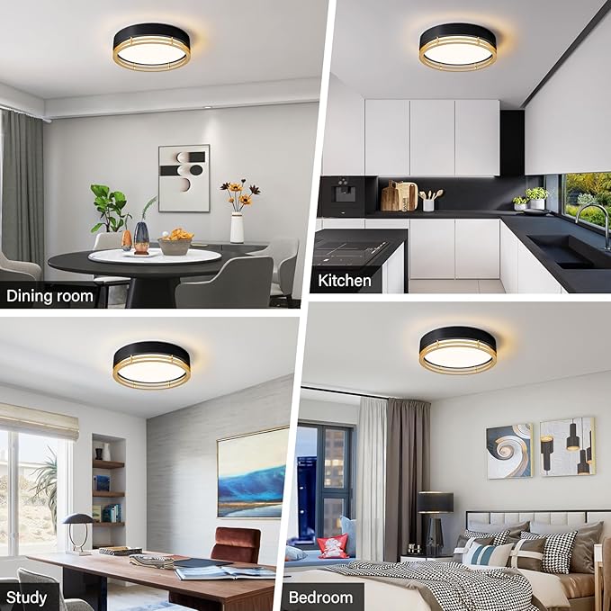 Dimmable Black and Gold Flush Mount Ceiling Light, Modern Round LED Ceiling Lights Fixture, Kitchen Flushmount Light for Bedroom Hallway Kitchen 2700 K-6000 K 5CCT