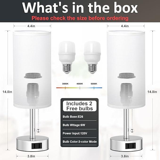 White Silver Bedside Table Lamps Set of 2-3 Color Temperatures Pull Chain Lamp with AC Outlet Charging Port, Two Round Night Stand Lamps for Bedroom, Small Bed Side Light with E26 LED Bulbs