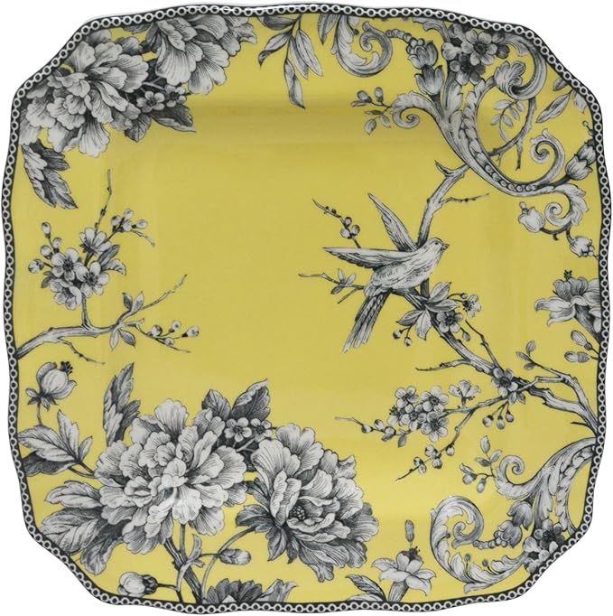 222 Fifth Adelaide 16-Piece Square Floral Dinnerware Set – Service for 4,Yellow Porcelain Plates & Bowls, for Everyday Dining & Entertainment, Microwave & Dishwasher Safe, Chip Resistant