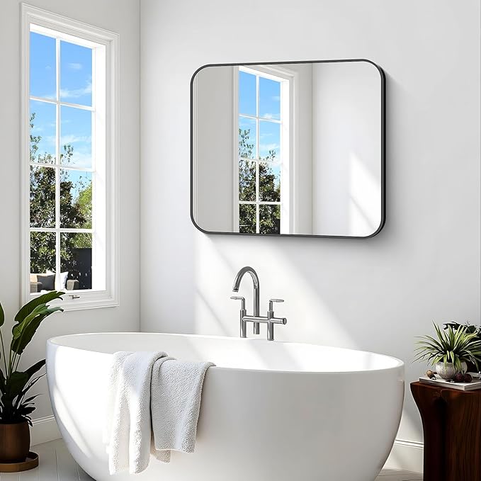 Bathroom Mirror, 36 x 30 inch Metal Framed Black Rectangle Mirror, Rounded Corner Rectangular Vanity Mirror, Wall Mounted Mirror for Modern Bedroom Living Room Hangs Horizontal or Vertical