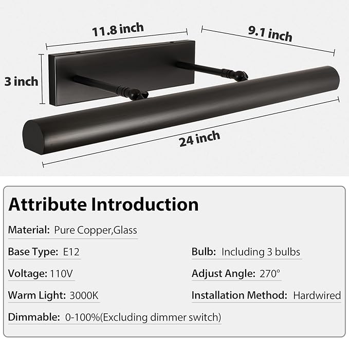 Black Picture Lights, 24inch Hardwired Picture Light for Wall, Art Light for Wall, Rotatable Wall Lights Over Picture, Frame Lights for Painting Display Artwork Portrait