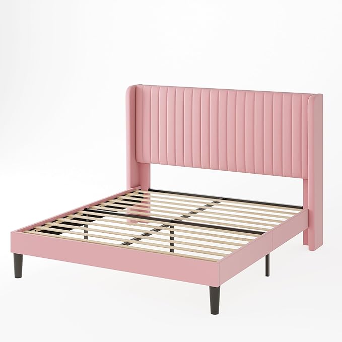 Allewie Queen Size Velvet Bed Frame/Vertical Channel Tufted Wingback Headboard/Upholstered Platform Bed/Strong Wooden Slats/No Box Spring Needed/Easy Assembly/Pink