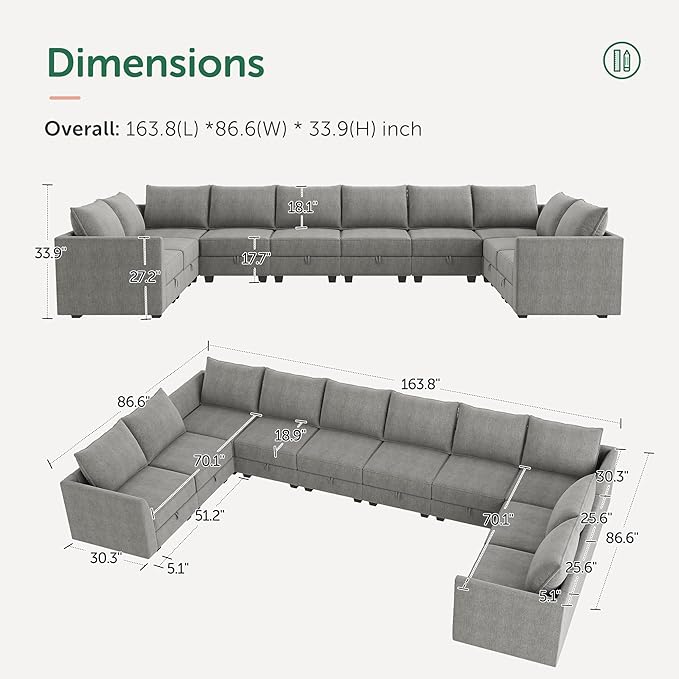 HONBAY Modular Sectional Sofa Sleeper Couch | Oversized with Chaise and Ottoman U Shaped Set | Stoarge Seat, Grey