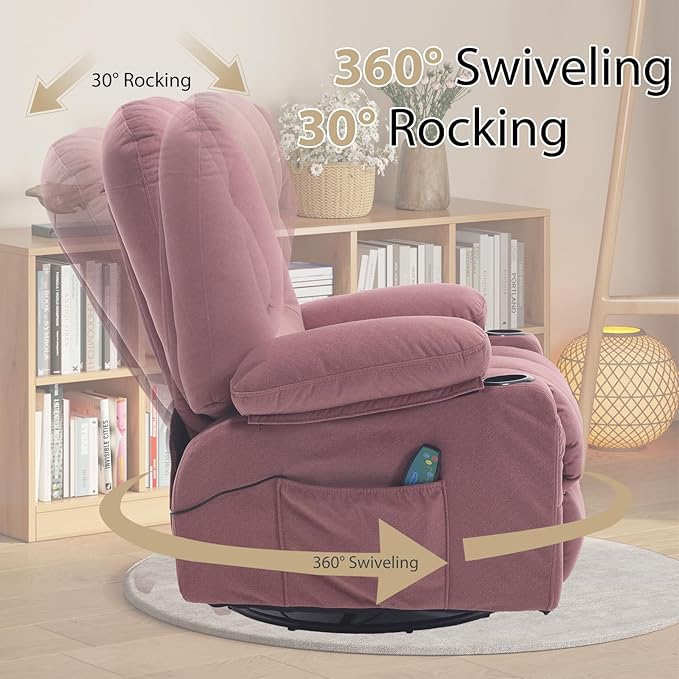 Recliner Chairs for Adults, Pink Rocker Recliners with Massage and Heat, Overstuffed Fabric Swivel Glider with Cup Holder Side Pocket, Manual Reclining Single Sofa Chair for Living Room