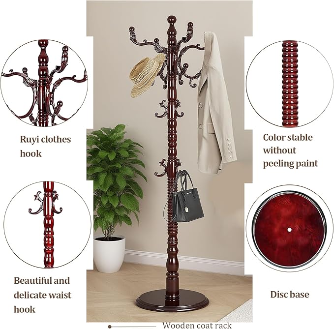 73”Vintage Wooden Coat Rack Freestanding With 14 Hooks and Sturdy Round Base。3-level Adjustable Vintage Wooden Coat Rack.Coat Rack Stand for Living Room Bedroom Office (Mahogany)