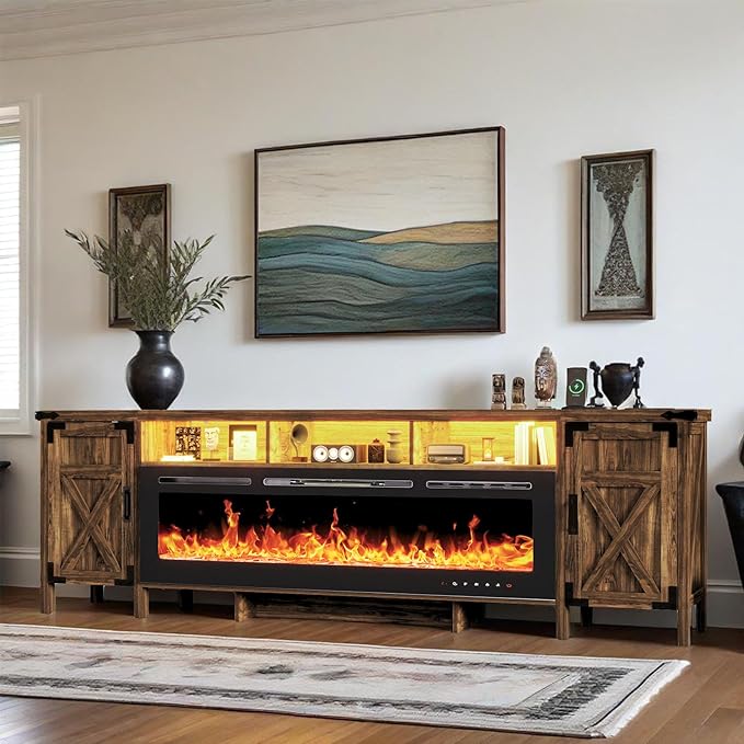 94.5" Fireplace TV Stand for TVs Up to 100", Farmhouse Entertainment Center with 60" Electric Fireplace & LED Lights, Large TV Console for Living Room, Barn Door Cabinet & Open Shelf, Brown