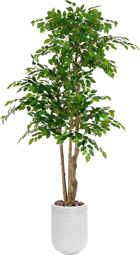 Ficus Tree Artificial with Triple Trunks, 4ft Fake Ficus Tree in White Magnesium Pot, Tall Artificial Tree Potted Plant for Indoor Outdoor Home Office Living Room Patio Bedroom Decor