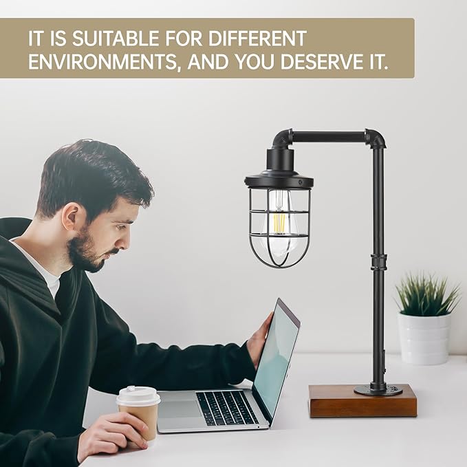 CONCA Steampunk Industrial Lamp, E26 Base Rustic Edison Light with Caged Wood Base and Iron Tube (Black)