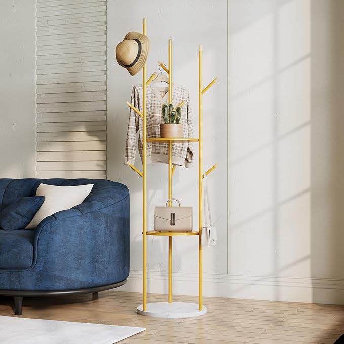 Gold Coat Rack Stand,Freestanding Coat Racks whit Marble base,heavy duty coat hanger Stand,metal Coat Rack with 3 Shelves and 9 Hooks,Coat Tree for Entryway, Bedroom, Coats, Bags,
