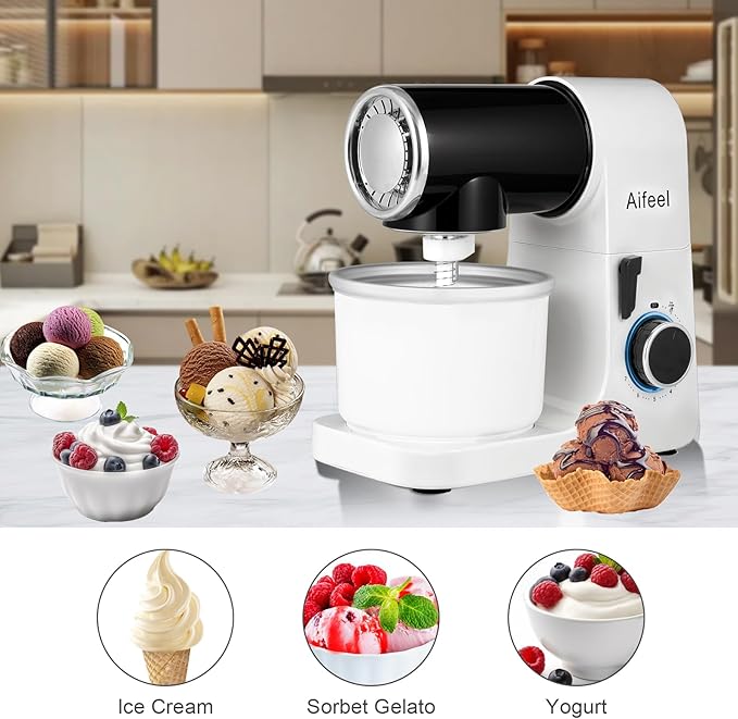 Aifeel Stand Mixer,6.5QT Kitchen Electric Mixer with 2QT Ice Cream Maker Bowl, 6 in 1 Multifunctional Bread Dough Mixer with Dough Hook,Whisk & Beater, Food Mixer for Baking (Black-White)