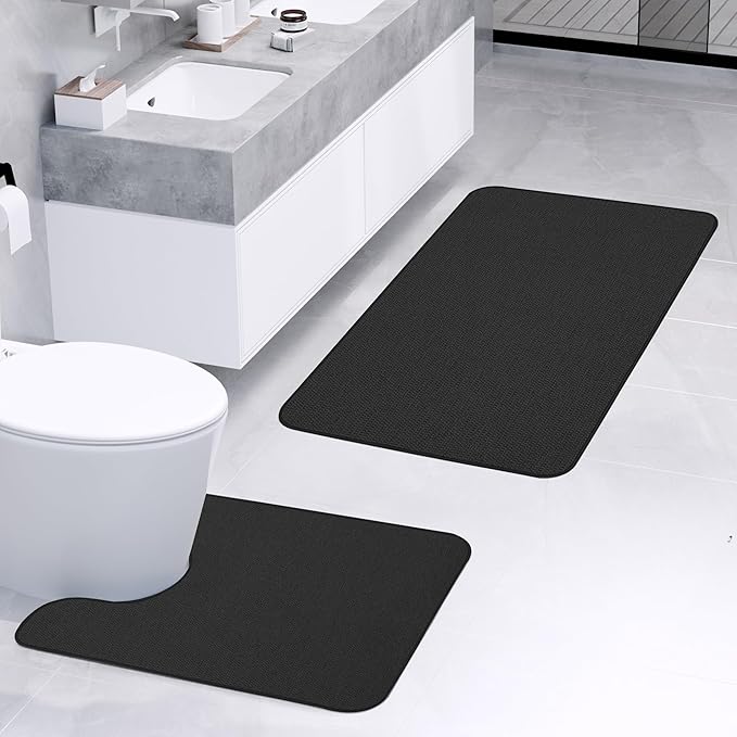 Bathroom Rugs Set 2 Pieces,Thin Bathroom Mats,Toilet Rugs,Quick Dry,Non-Slip,Machine Washable,Low Pile,Absorbent Bath Mats,Shower,Sink,Home Decor Accessories.Black,1'5"x2'3"+1'8"x2" U Shape