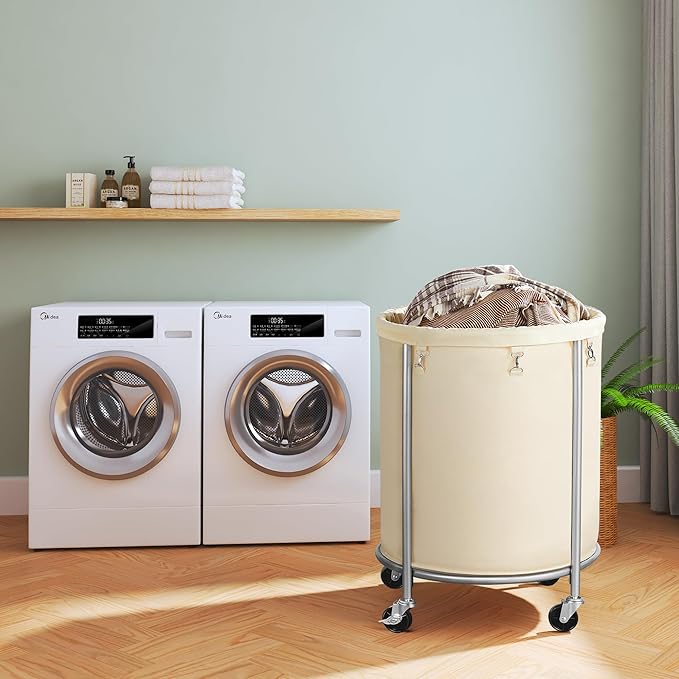 ELYKEN Laundry Basket with Wheels, 170L Rolling Laundry Hamper with Removable Bag and Steel Frame, Round Laundry Cart with 4 Casters and 2 Brakes, Ideal for Bedroom, Bathroom, Laundry Room, Cream