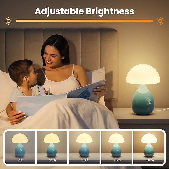 Mushroom Side Table Lamp, Mini Modern Lamp Small Vintage Table Bedside Nightstand Light, Small Light Dimmable for Bedroom, Living Room, Ceramic Base Glass Led Home Decor for Woman Gifts