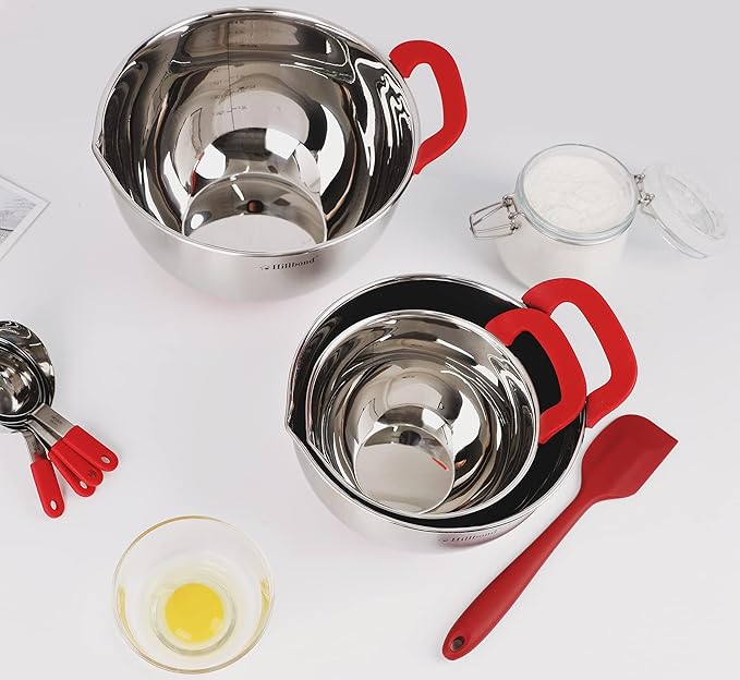 Hillbond Mixing Bowls with BPA Free Airtight Lids Nesting Bowls with Pour Spout, Silicone Handle and Non-Slip Bottoms for Baking, Stainless Steel Mixing Bowls Dishwasher Safe, 1.5, 3, 5 QT (Red)