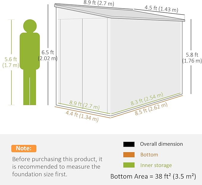 Outsunny 4.6' x 9' Steel Outdoor Storage Shed, Lean to Shed, Metal Tool House with Foundation Kit, Lockable Doors, Gloves and 2 Air Vents for Backyard, Patio, Lawn, Gray