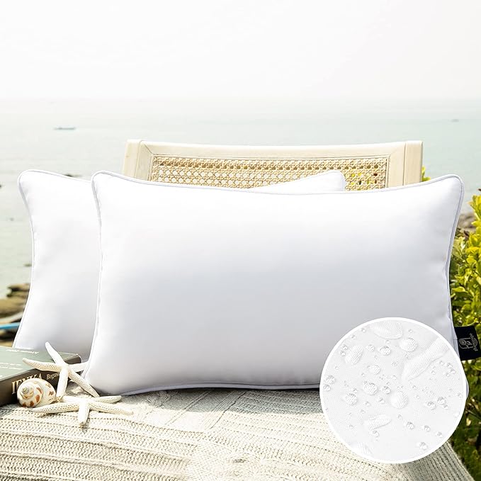 Phantoscope Pack of 2 Outdoor Waterproof Solid Throw Decorative Pillow Cover Decorative Square Outdoor Pillows Cushion Case Patio Pillows for Couch Tent Sunbrella, White 12x20 inches 30x50 cm
