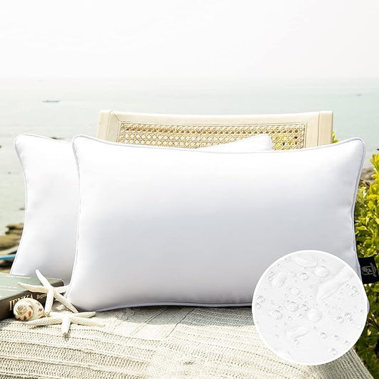 Phantoscope Pack of 2 Outdoor Waterproof Solid Throw Decorative Pillow Cover Decorative Square Outdoor Pillows Cushion Case Patio Pillows for Couch Tent Sunbrella, White 12x20 inches 30x50 cm