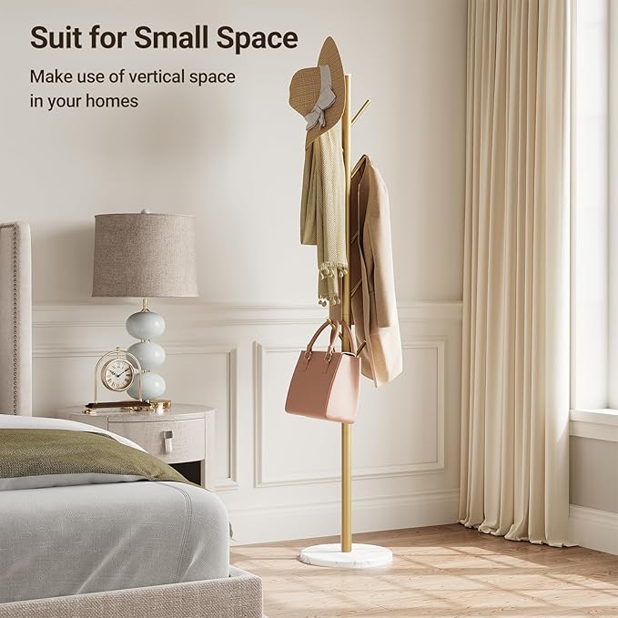 ELYKEN Coat Rack Freestanding with Natural Marble Base, Metal Coat Rack Stand with 10 Hooks, 3 Adjustable Size Coat Tree for Bags, Clothes, and Hats for Entryway, Bedroom, Hallway, Office, Gold