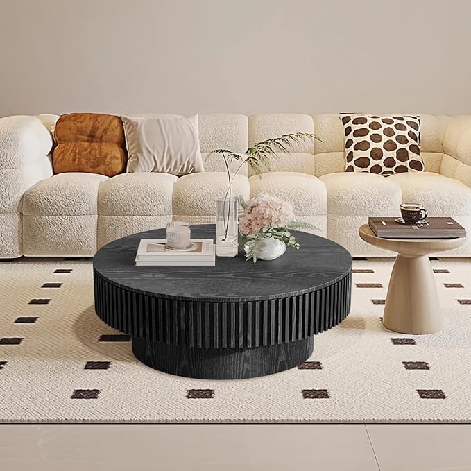 Round Coffee Table for Living Room, Accent Fluted Drum Coffee Table with Storage, Modern Solid Wood Veneered Circle Center Tea Table for Small Space Apartment (31.5''D×14''H-Black)