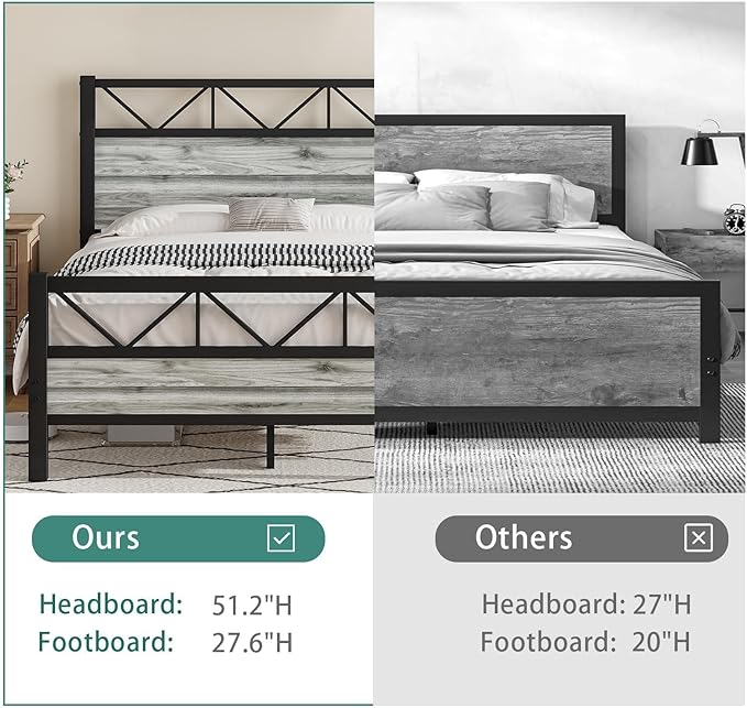 Twin Bed Frames with Tall Headboard, Industrial Twin Platform Bed Frame with Heavy Duty Metal Slats Support, No Box Spring Needed, Noise-Free, Easy Assembly, Wash Grey