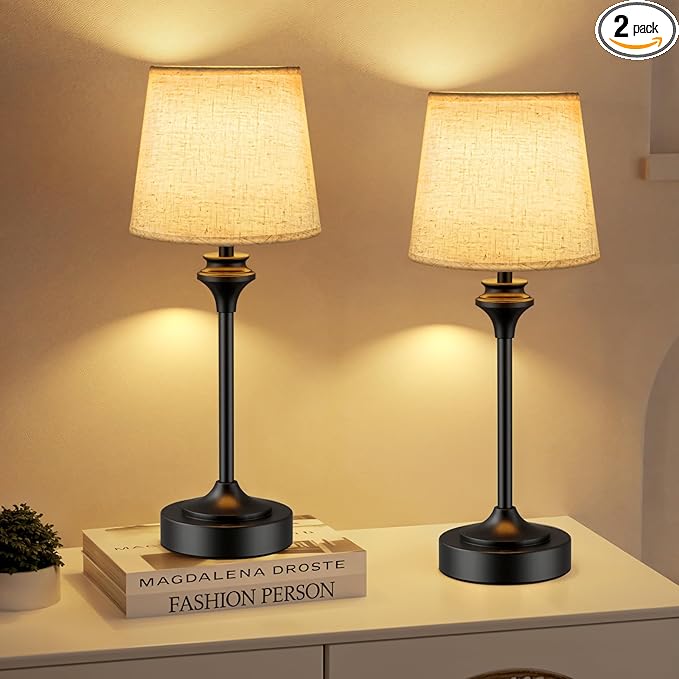NIORSUN Portables Cordless Table Lamp Set of 2, Battery Operated Lamp, Bedside Table Lamp with Warm White,3 Way Dimmable Touch Desk Lamp for Bedroom Living Room Restaurant Whtie Shade (Black)