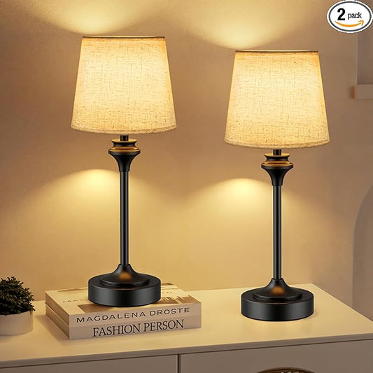 NIORSUN Portables Cordless Table Lamp Set of 2, Battery Operated Lamp, Bedside Table Lamp with Warm White,3 Way Dimmable Touch Desk Lamp for Bedroom Living Room Restaurant Whtie Shade (Black)
