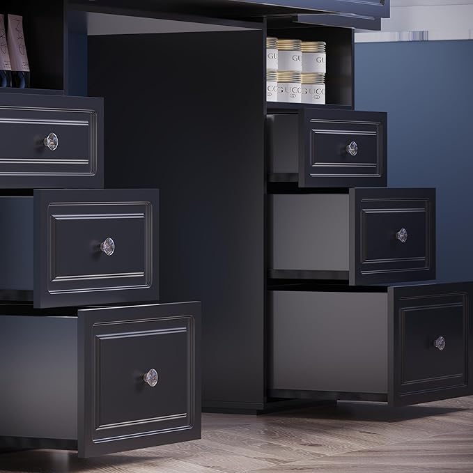 Black Vanity Desk with Lighted Mirror, Large Storage Makeup Vanity with 9 Drawers, Makeup Dressing Table with Crystal Ball Knobs for Bedroom