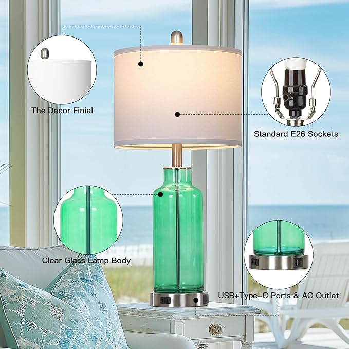 26.5" Coastal Green Glass Table Lamps Set of 2, 3-Way Dimmable Touch Control Bedside Lamps with USB Ports and AC Outlet, Teal Nightstand Lamps for Bedroom Living Room
