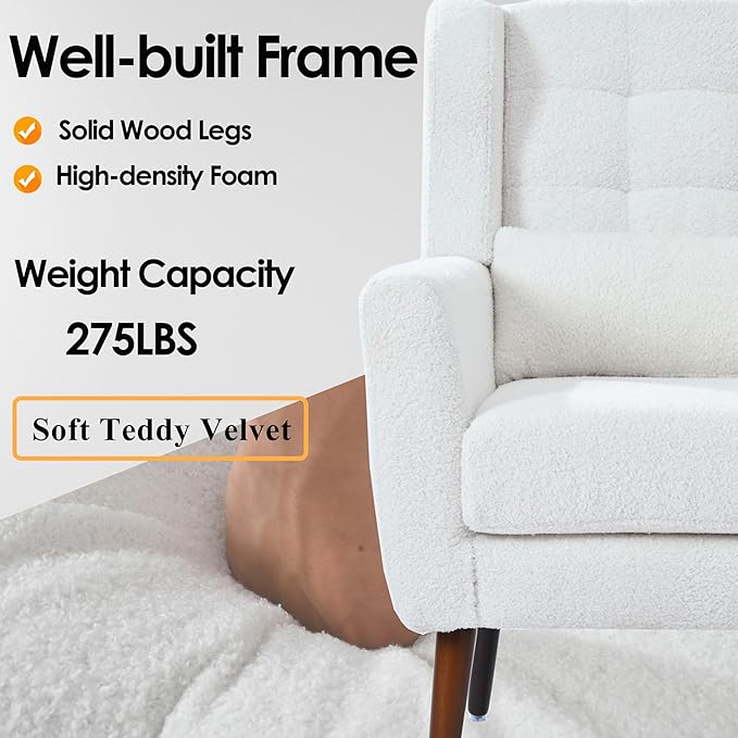 Accent Chair, Comfy Upholstered Living Room Chairs with High Tufted Backrest and Pillow, Wingback Reading Chair with Solid Wood Legs for Bedroom/Office,Teddy Fabric, White
