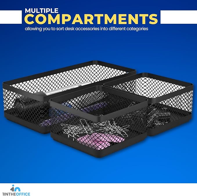 1InTheOffice Mesh Collection Desk Drawer Organizer Tray 3 Compartment - Stackable, Matte Black