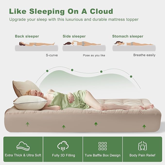 BEDLORE Full Size Mattress Topper Viscose Derived from Bamboo, Thick Pillow Top Mattress Pad with Stretchable Pockets for 6"-15" Mattress, Breathable Mattress Topper for Back Pain Relief(Beige)