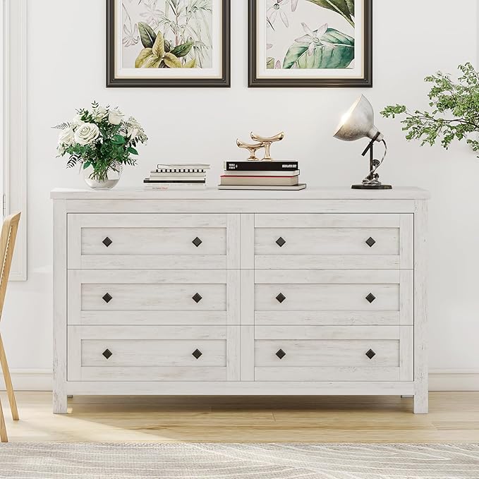 Farmhouse 6 Drawer Dresser, Wood Rustic Chest of Drawers for Bedroom, Closet Storage Dressers Organizer, 6 Drawers Chest for Living Room, Hallway, Rustic White