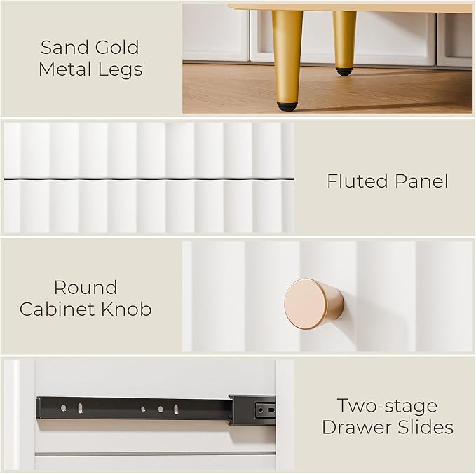 Fluted Vanity Desk with 36" Mirror and Lights, Makeup Vanity Desk with Glass Top, Dressing Table with 5 Drawers & Shelves, Wood Vanity Table for Bedroom(White)