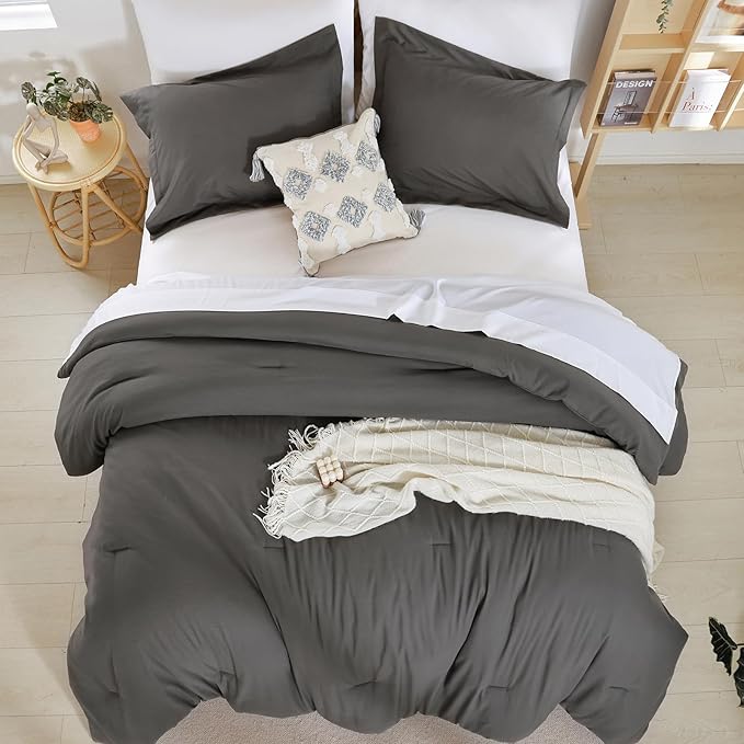 weigelia Dark Grey Comforter Set King Size Grey Comforter with 2 Pillowcases 7 Pieces Gray King Comforter Bedding Set for Women and Men Microfiber Bed Comforter Set Soft All Season