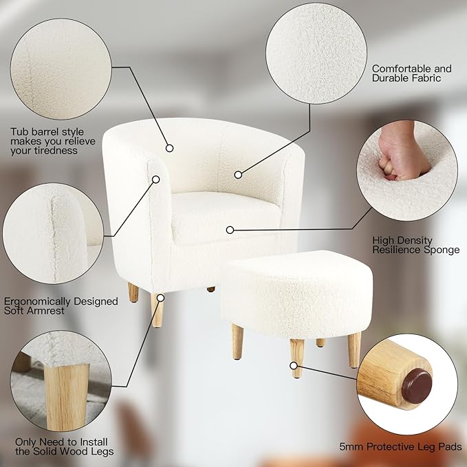 DAZONE Sherpa Chair, Accent Chair Set of 2 White Fluffy Teddy Barrel Chairs with Ottoman Comfy Armchair Comfortable Living Room Chairs Upholstered Club Tub Sofa Chair for Bedroom Reading Room