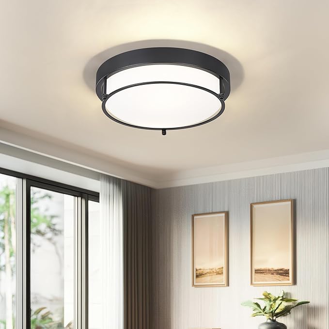 12-Inch Flush Mount Ceiling Light, Modern Farmhouse Style with Frosted Glass Shade, Matte Black, Ideal for Living Room, Bedroom, or Dining Room – Model CKCL4822-2W-BK